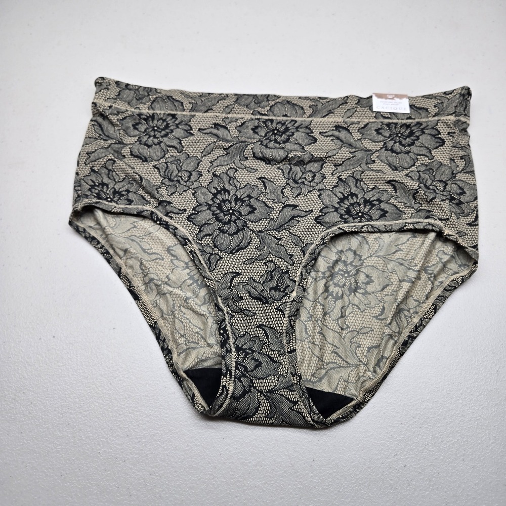 Cacique Women Brief Panty 22/24 Black Beige Floral Comfort Bliss Full Lace NWT